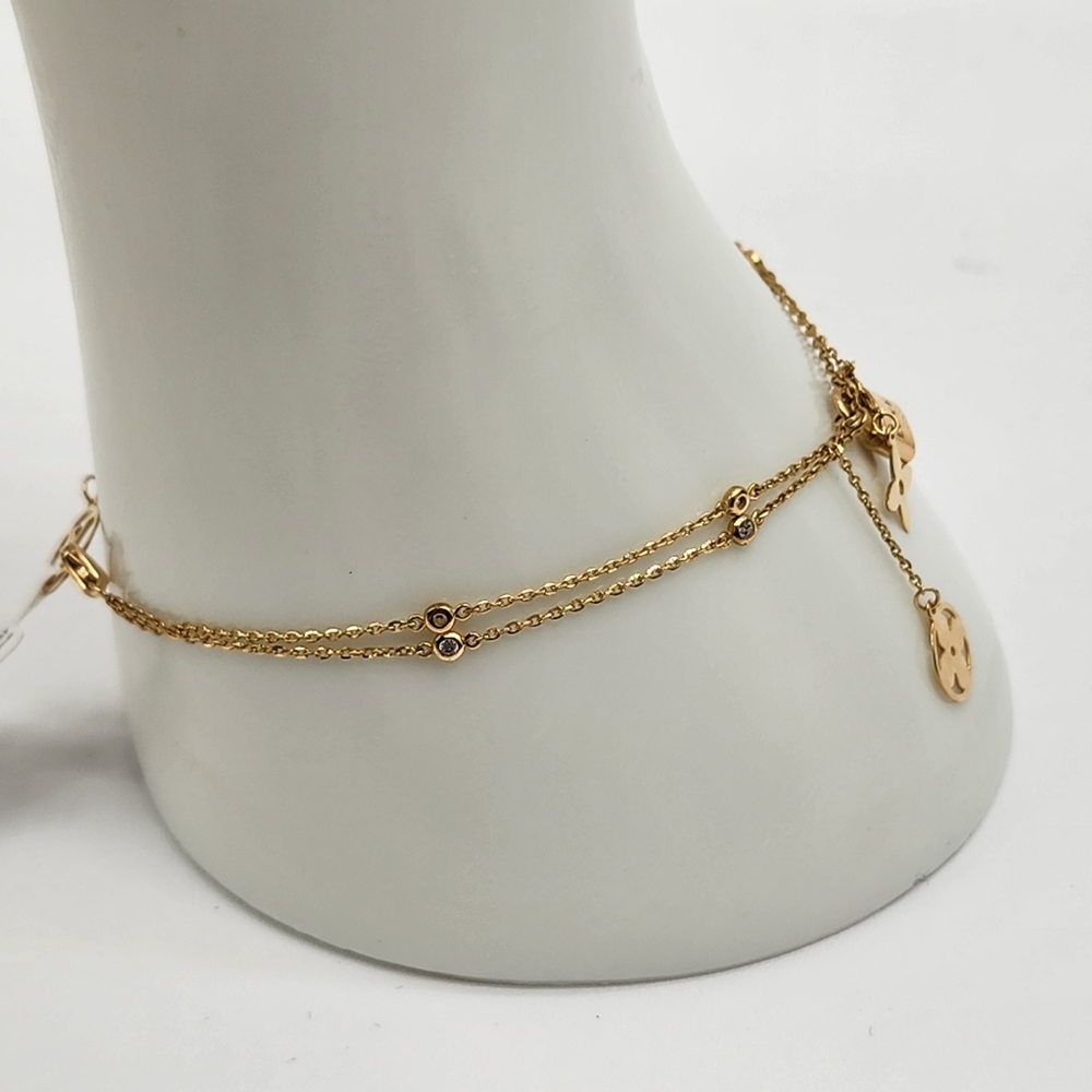 18K Yellow Gold Charmed Bracelet sz 6.5 - sz 7 Double Chain Adjustable NEW Au75 - Picture 3 of 7